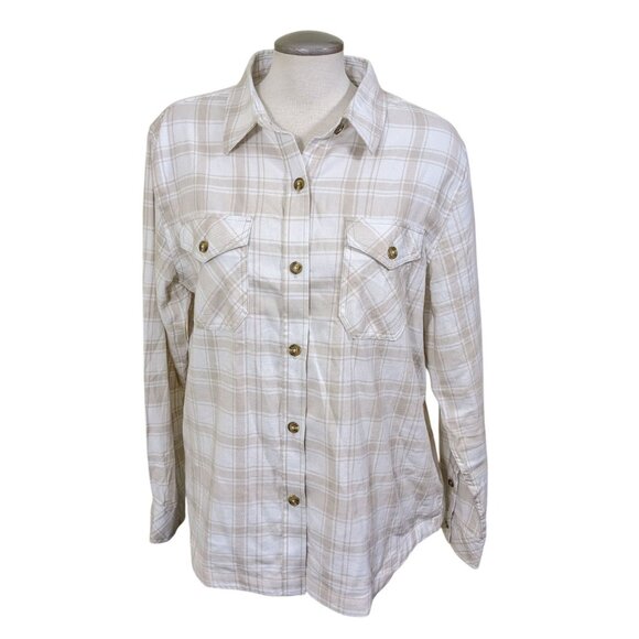 Frank and Oak Flannel Shirt Womens XL Plaid Beige Button Up Organic Cotton Soft - Picture 1 of 6